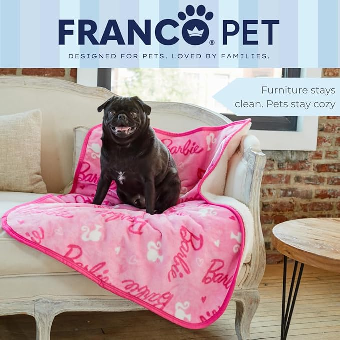 Franco Pet Barbie Super Soft Cozy Waterproof Sherpa-Backed Blanket Throw for Small Dogs, Couch/Bed/Car, 30x40 (Officially Licensed Product)