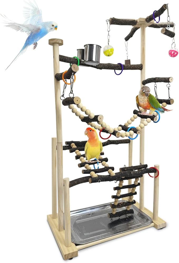 kathson Large Bird Playground - Natural Wood Perch Gym 4 Layers Parrot Playstand Activity Center with Perches Ladder Chew Toys Removable Tray and 2 Stainless Steel Cups for Small and Middle Birds