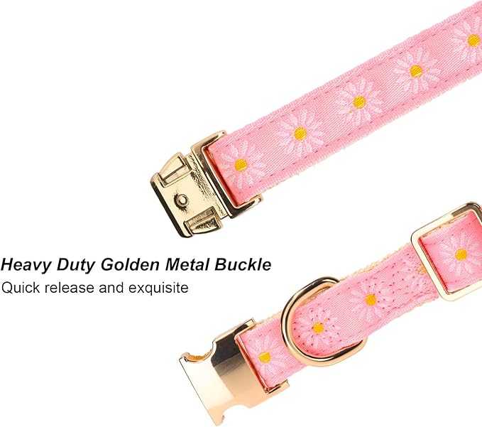 Woven Dog Collar with Metal Buckle Adjustable Jacquard Retro Dog Collars for Small Medium Large Dogs(Pink Daisy,M)