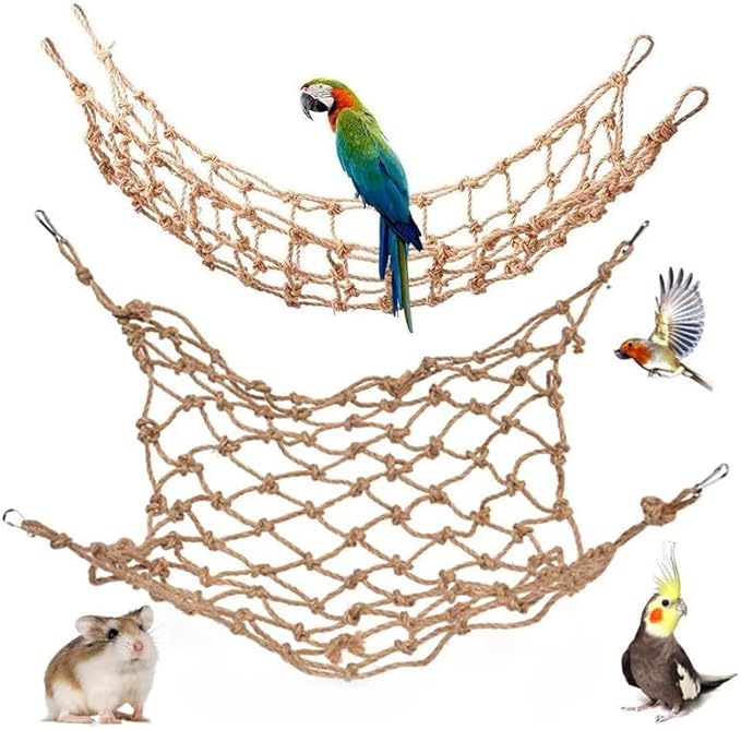 2 Packs Natural Bird Rope Net Parrot Swing Hammock for Birds Parrot Ladder Macaw Hanging Hammock Activity Toy for Rats Parakeet Cockatiel Cockatoo Conure African Grey Budgie（M 14x11inch）