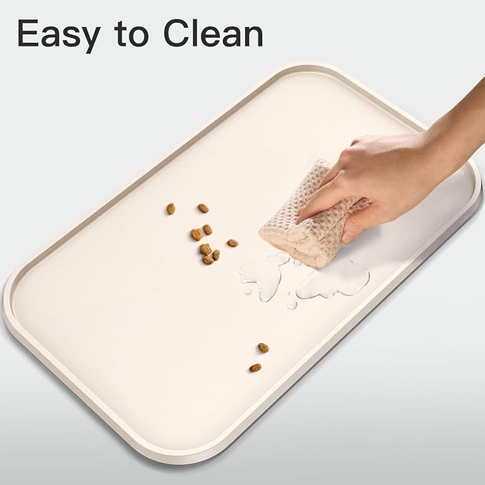 Pet Feeding Mat [Warped Resistant Raised Edge], Water-Proof Silicone Placement for Food Water Bowls, Anti-Slip Base Protect Floor, BPA-Free&Dishwasher-Safe [28.5x16.5inch XL, Sand White]