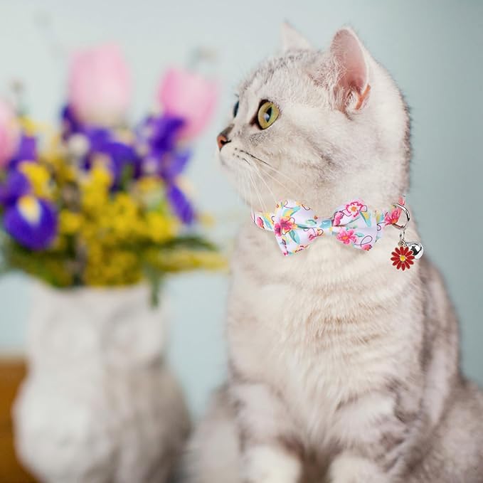SCENEREAL Spring Cat Collar Breakaway with Bells, 2 Pack Cute Flower Pet Collar with Removable Bow Tie and Bandana, Adjustable Safety Buckle with Daisy Pendants for Girl Cats Kitten