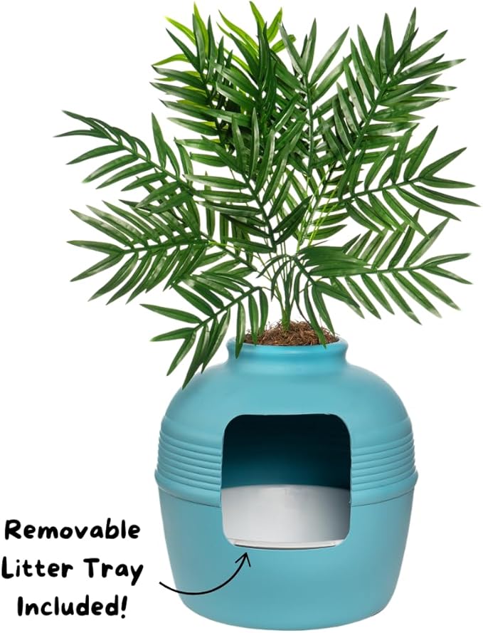 Good Pet Stuff Hidden Litter Box Planter, Decorative Cat Litter Enclosure with Carbon Filter, Artificial Plant, Easy Clean, Indoor Design, Original Round Style, Essentials Kit, Caribbean Blue