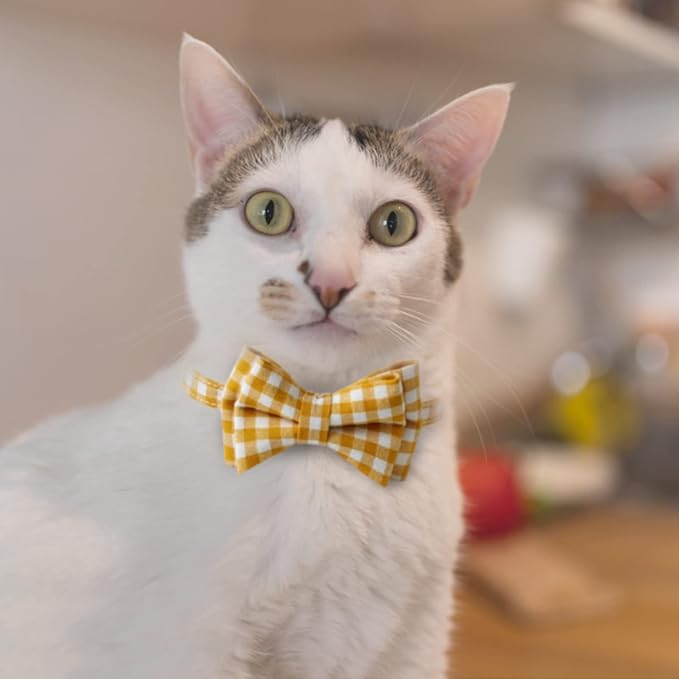 AIITLE Breakaway Cat Collar with Cute Bow Tie and Bell, Detachable Adjustable Safety Collars for Girl Cats and Boy Cats, Kittens, Puppy, Soft Stylish Plaid Patterns Cat Collars,Yellow