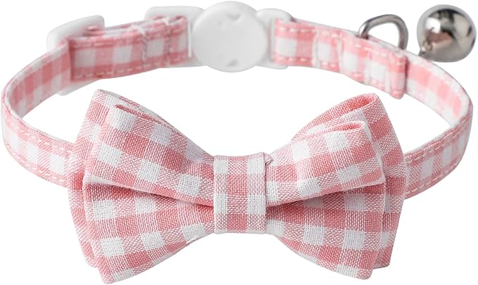 AIITLE Breakaway Cat Collar with Cute Bow Tie and Bell, Detachable Adjustable Safety Collars for Girl Cats and Boy Cats, Kittens, Puppy, Soft Stylish Plaid Patterns Cat Collars,Pink