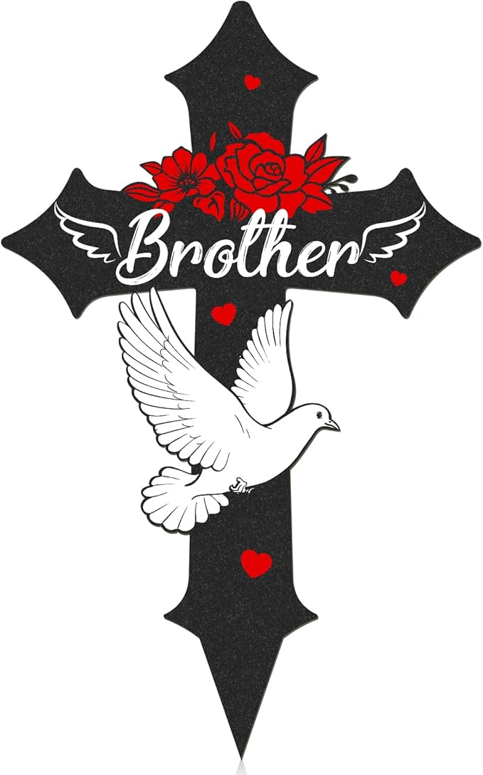 Cross Cemetery Decorations for Grave, Metal Sympathy Memorial Stakes for Loss of Brother Outdoors Yard Garden, Grave Markers for Cemetery for Brother (12 X 7.5 Inches)
