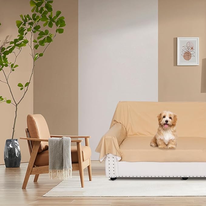DUJUIKE Waterproof Bed Cover for Dog and Cats,Pet Hair Resistant Bed Sheet Cover, Protective Bed Liner Cover with 100% Waterproof Breathable Thin Fabric (Apricot Yellow, King 98 * 90 inch)