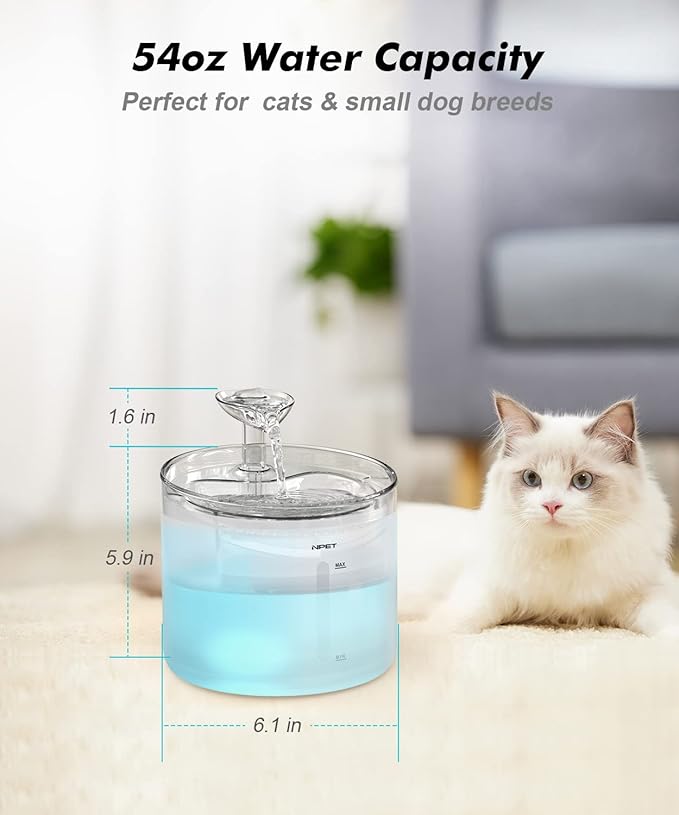 NPET WF100 Cat Fountain, 54oz/1.6L Automatic Pet Water Fountain Dog Water Dispenser with LED Light Quiet Pump for Cats & Small Dogs(Fountain+4 Filters +4 Sponges, White)