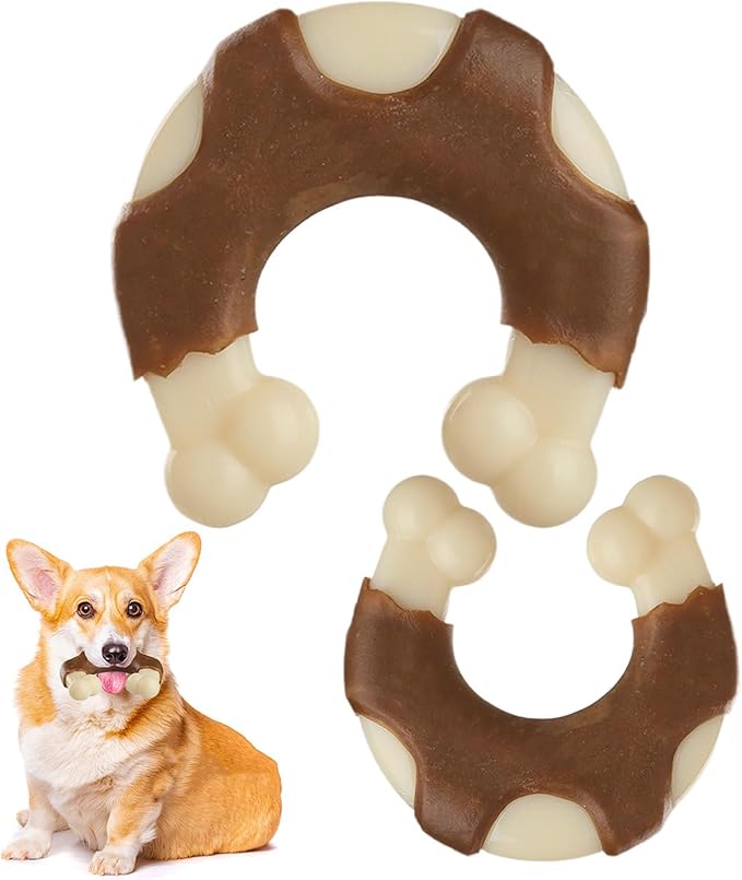 Durable Nylon Dog Bones, 2 Pack Dog Toys for Aggressive Chewers, Beef-Flavored U-Shaped Bone Chew Toys for Largel/Medium/Small Dogs, Teething and Boredom Relief