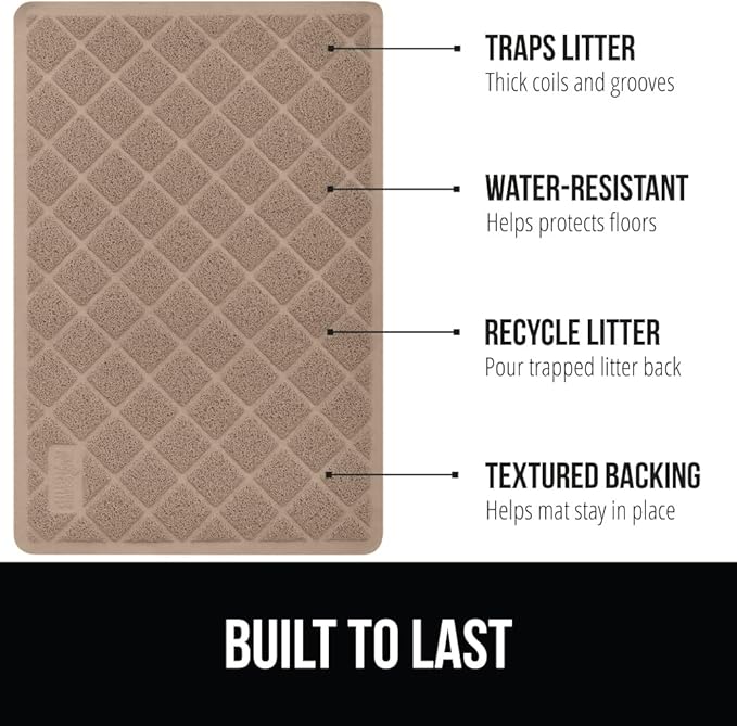 GORILLA GRIP Cat Litter Box Mat, 32x32, Water Resistant, US Designed Kitty Litter Trapping Mats, Easy to Clean, Scatter Control, Less Mess and Clean Floors, Kitten Supplies for Indoor Cats, Beige