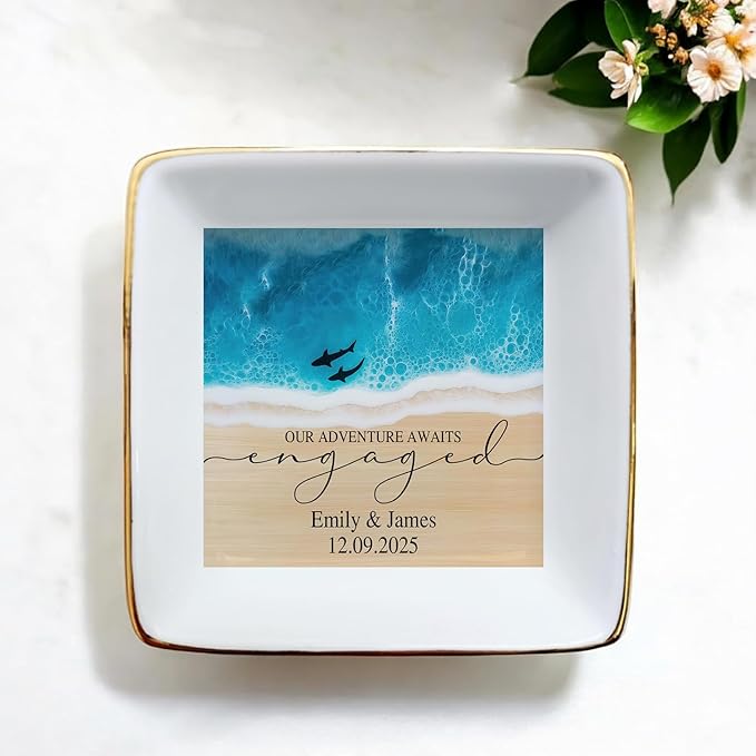 Personalized Beach Ring Dish Engagement Gift, Our Adventure Awaits Engaged Trinker Holder, Jewelry Tray Gifts for Newly Engaged Couple, Anniversary Wedding Gift for Her Bride