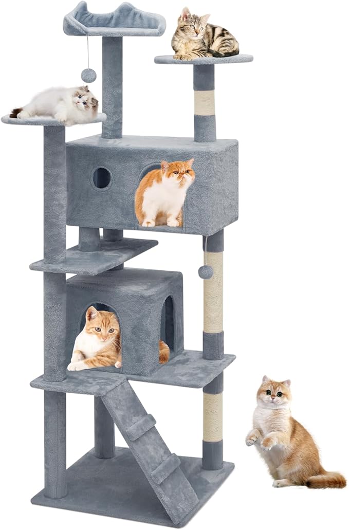 Athena Collection 70 Inch Cat Tree for Indoor Cats, Multi-Level Activity Center With 2 Condos, Scratching Post & Dangling Ball, Tall Climbing Tower, Light Gray