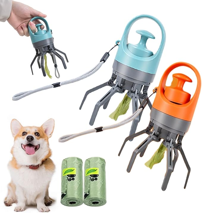 Quick Scoop Poop Scooper, Portable Dog Pooper Scooper, Easy Claw Pick up Tool for Dogs, Leak-Proof Waste Bag Holder for Outdoor Walks (Blue+Orange)