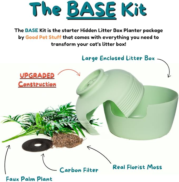 Good Pet Stuff Hidden Litter Box Planter, Decorative Cat Litter Enclosure with Carbon Filter, Artificial Plant, Easy Clean, Improved Design, Round Style, Base Kit, Sage Green