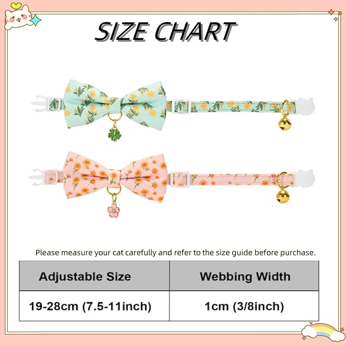 2 Pack Floral Cat Collars with Bow Tie and Bell Adjustable Breakaway Bowtie Cute Kitten Collar(Green & Yellow Flowers)