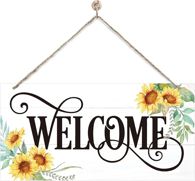 Welcome Sign for Front Door, Welcome Decor Wooden Hanging Sign for Wall Decor, Sunflower Pattern Signs, Rustic Funny Wooden Outdoor Front Door Hanging Decoration 13.8X6.9 inches
