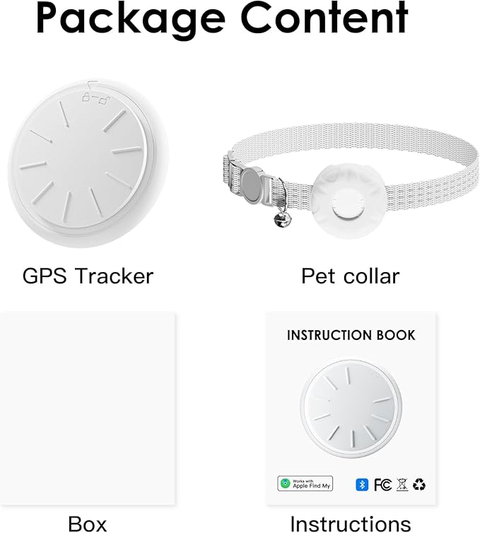 Cat Tracker, GPS Tracker Compatible with Apple Find My App(Only iOS), Waterproof Cat Tracker Collar with Bell and Safety Elastic Buckle, No Subscription, Territory & Location History (White)