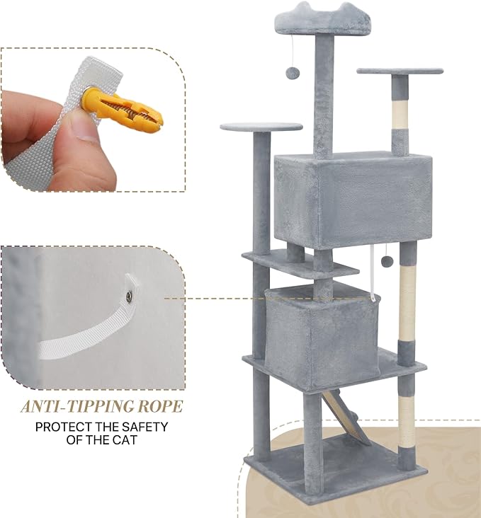 Athena Collection Cat Tree, 77 Inch Cat Tower for Indoor Cats, Multi-Level Cat Tree Tower Activity Center with 2 Cat Condo & Cat Scratching Post & Dangling Ball, Tall Cat Tree, Light Gray