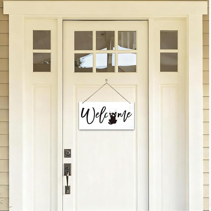 Welcome Sign for Front Door, Welcome Decor Wooden Hanging Sign for Cats Lover, Funny Cat Pattern Wall Decor, Rustic Funny Wooden Outdoor Front Door Hanging Decoration 13.8X6.9 inches