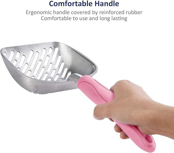 WePet Cat Litter Scoop, Aluminum Alloy Sifter, Kitty Metal Scooper, Deep Shovel with Diagonal Sifting Hole, Long Handle, Kitten Poop Lifter for Litter Box, Large Size, Pink Handle