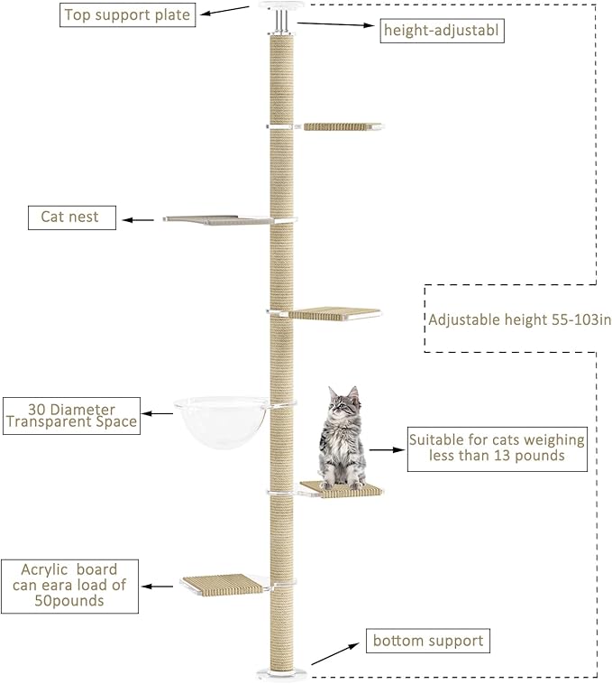 Floor to Ceiling Cat Tree, Acrylic Top Support PlateTall Cat Tower Natural Sisal Rope Scratching Post, Adjustable Height 55-103 Inches, Multi-Platform Activity Center
