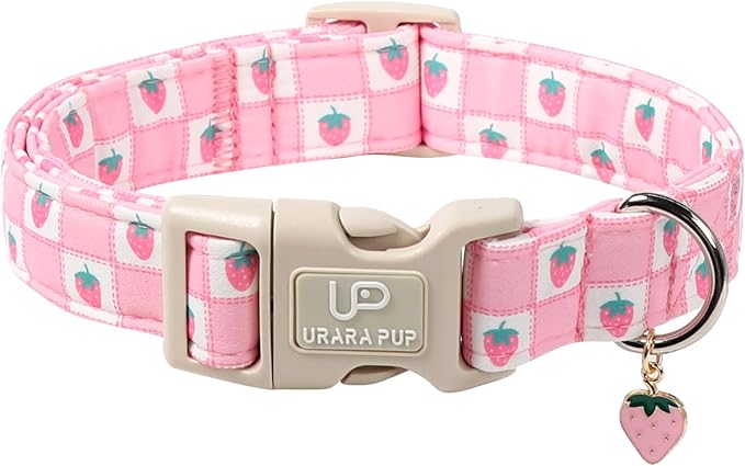 Spring Dog Collar, UP URARA PUP Strawberry Collars in Pink Checkered Adjustable Pet Collar with Quick Release, Daily Dog Accessories for Small Medium Large Dogs