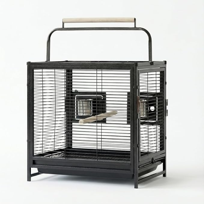 Bird Travel Carrier Cage, 19Inch Wrought Iron Small Bird Cage for Parrots Conures Lovebird Cockatiel Parakeets Black