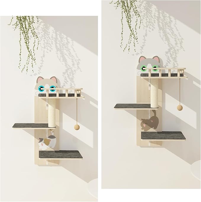 Cat Wall Shelves, 3 Platform Kitten Wall Furniture, DIY for Painting Cats Scratching Post with Sisal Scratching Post and Ball Toy