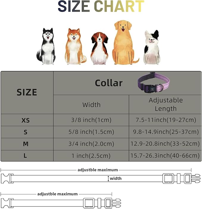 Roses&Poetry Small Dog Collar, Adjustable Reflective Puppy Collars Durable Pet Collars for Small Medium Large Dogs(Lightpurple-S)
