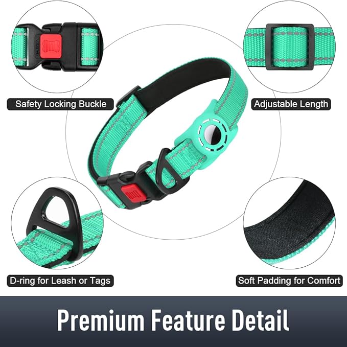 Airtag Dog Collar with AirTag Holder for Large Dogs, Reflective, Soft Padded & Safety Locking Buckle, Nylon Pet Collars Adjustable for All Breeds, Teal,XL