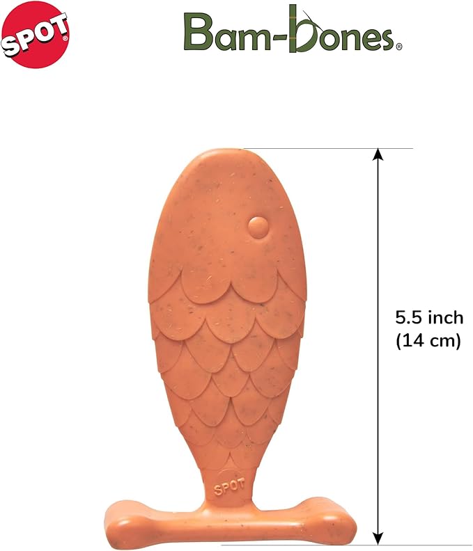 SPOT Bam-Bones Fish - Made with Strong Bamboo Fiber, Durable Long Lasting Dog Bone for Light to Moderate Chewers, Great Chew Toy for Adult Dogs & Teething Puppies Under 30lbs, 5.5in, Salmon Flavor