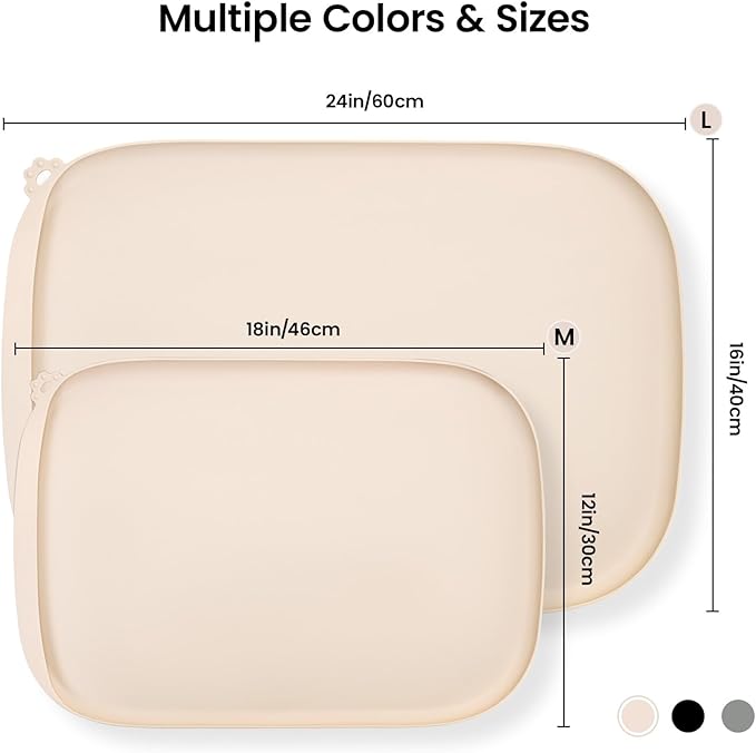 Silicone Dog Food Mat with Side Pocket & Hook Hole, Soft Raised Edges, Easy Clean Waterproof Non-Slip Pet Feeding Mat for Cats and Dogs Water Bowl, Pets Accessories(24"x16",Natural Tan)