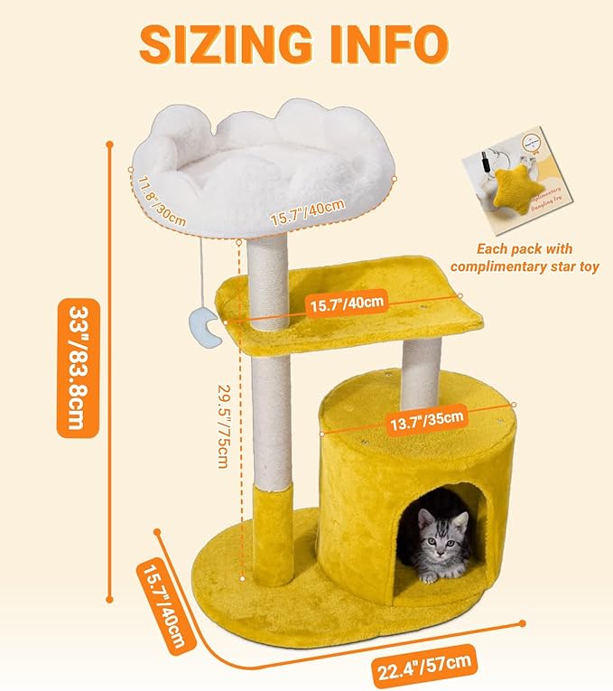 Happi N Pets Cat Tree, 33" Multi-Level Cloud Cat Tree Tower with Cozy Padded Bed & Large Condo for All Sized Cats, Featuring Scratching Posts, Viewing Perch & Toys, Stable Small Cat Tower