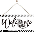 Welcome Sign for Front Door, Playroom Wall Decor, Motorsport Theme Wall Hanging Decor, Gift for Motorsport Lover, Funny Wooden Outdoor Front Door Hanging Decoration 13.8X6.9 inches