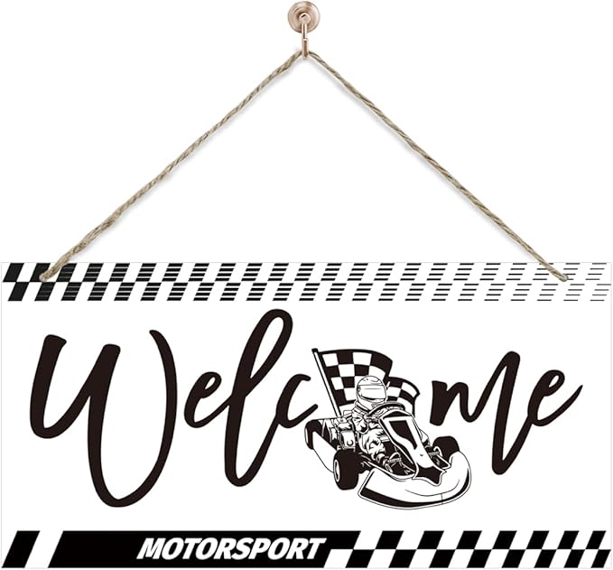 Welcome Sign for Front Door, Playroom Wall Decor, Motorsport Theme Wall Hanging Decor, Gift for Motorsport Lover, Funny Wooden Outdoor Front Door Hanging Decoration 13.8X6.9 inches