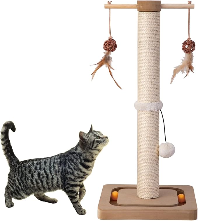 PEEKAB Cat Scratching Post Sisal Scratch Posts for Indoor Kittens and Cats,with Interactive Tracking Toys Suitable for Vertical Scratcher of Small and Medium-Sized Cats 25 Inches Beige