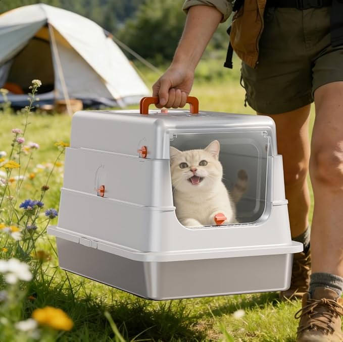 Stainless Steel Cat Litter Box with Lid, Extra Large Enclosed Metal Litter Pan with High Sides, Full Flip Cover Litter Box for Large Cat, Include Scoop & Step, Leak Proof Easy Clean Odor Control, Grey