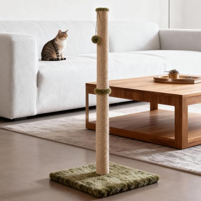 Dimaka Tall Cat Scratching Post, Claw Scratcher with Sisal Rope and Covered with Soft Smooth Plush, Vertical Scratch [Full Strectch] for Standard Size Cats (Green, 29 inches for All Cats)
