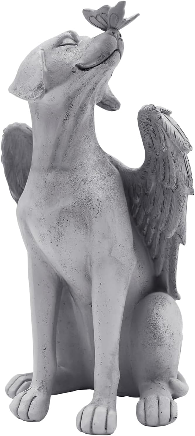 Angel Figurine Memorial Pet Puppy Dog Butterfly Stone Statue with Wings Garden Grave Monument Marker Decor Polyresin Angel Figures Statue Tombstone Sculpture Ornament Loss of Dog Sympathy Gift