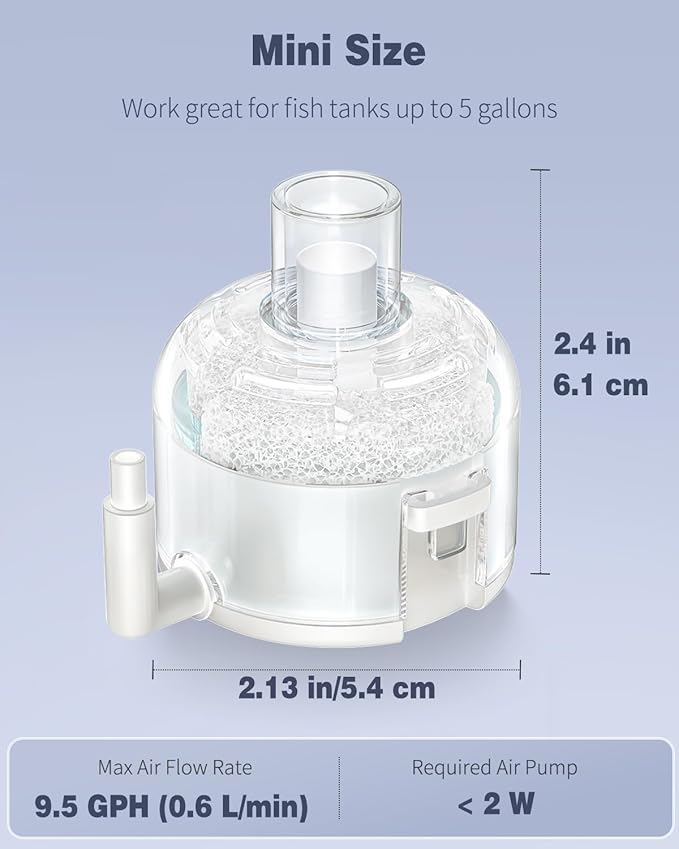 Pawfly Aquarium Compact Air Pump for 3-20 Gallon Buckets and Fish Tanks Quiet Oxygen Aerator Pump with Air Stone, Nano Bio Sponge Filter, Airline Tubing and Check Valve Accessories