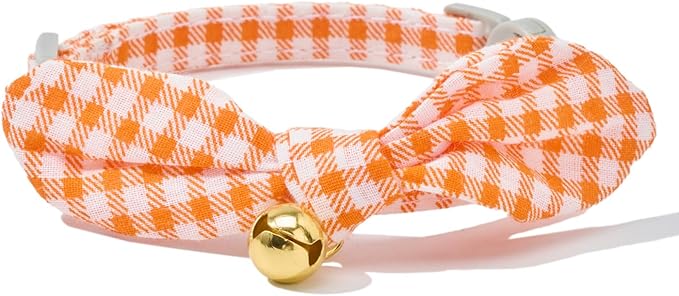 2 Pack Cotton Cat Collar, Removable Bowtie, Floral Pattern, Safety Breakaway Clasp, Adjustable for Cats.(Adult Cat, Orange Plaid and Floral)