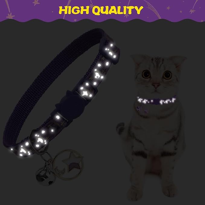 PUPTECK 3 Pack Cat Collar with Bells Breakaway - Luminous Safety Small Kitten Collar Adjustable Moon Star Pink Black Purple, 8-12 in