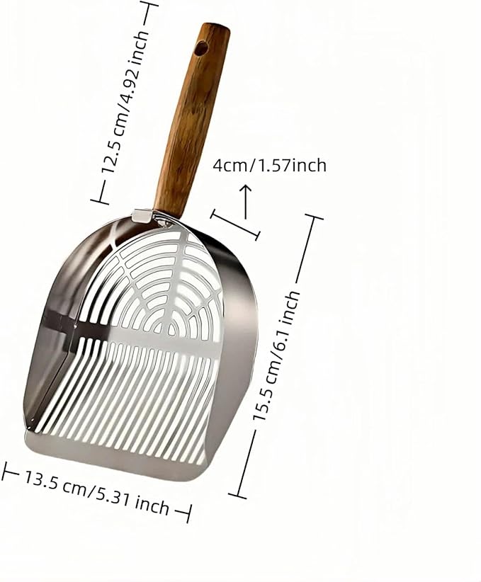 Premium Stainless Steel Cat Litter Scoop-Triple Guard Walls&Non-Stick Design,Silver,Flat Shovel Head Design Solid Deep Edge Wood Handle,Dual Hooks 1Pack,6.1x5.3inch (Silver long strip) (Silver)