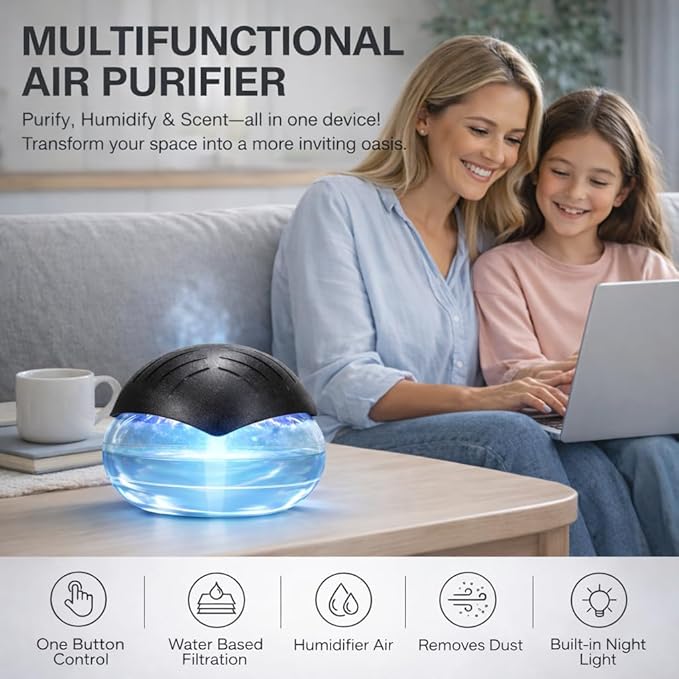 Water Air Washer for Home, Humidifier & Essential Oil Diffuser, 7-Color LED Mood Light, Auto Shut-Off, Includes 24x10ml Essential Oils Variety Set, Air Freshener for Pet & Smoke Odors, Black