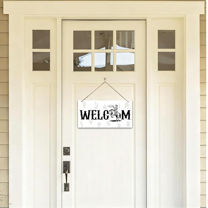Welcome Sign for Front Door, Welcome Decor Wooden Hanging Sign for Wall Decor, West CowBoy Pattern Hanging Signs, Funny Wooden Outdoor Front Door Decoration 13.8X6.9 inches