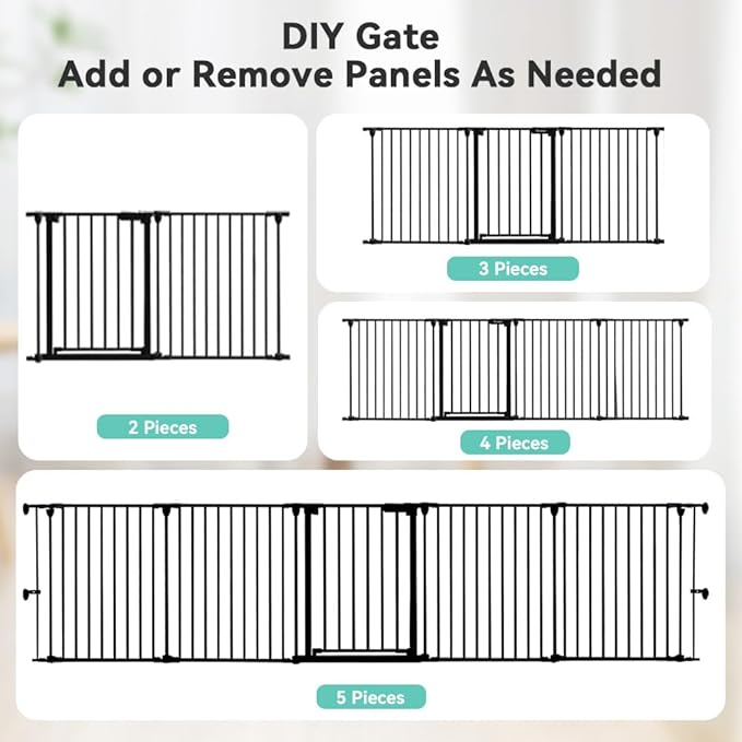 COMOMY 127.8" Extra Wide Baby Gate, Dog Gate for House Stairs Doorways Fireplace, Auto Close Pet Gate with Door Walk Through, 5 Metal Panels, Hardware Mounted Baby Fence Indoor Outdoor(30" Tall,Black)