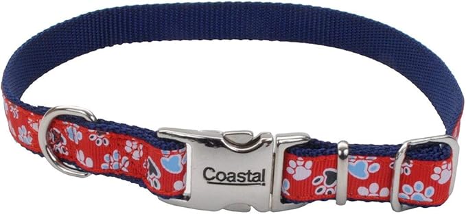 Coastal Pet - Ribbon - Adjustable Dog Collar with Metal Buckle, Red with Paws, 5/8" x 12"-18"