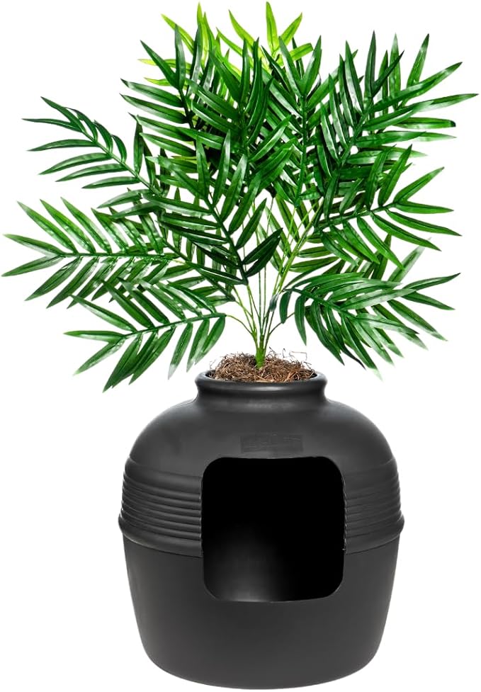 Good Pet Stuff Hidden Litter Box Planter, Decorative Cat Litter Enclosure with Carbon Filter, Artificial Plant, Easy Clean, Indoor Design, Original Round Style, Base Kit, Black Suede