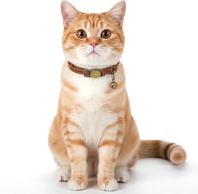 2 Pcs PU Leather Cat Collar Breakaway with Bell, Personalized Adjustable Cat Collars Retro Collars Pet Leather Collar with Quick Release Buckle for Cats Kittens