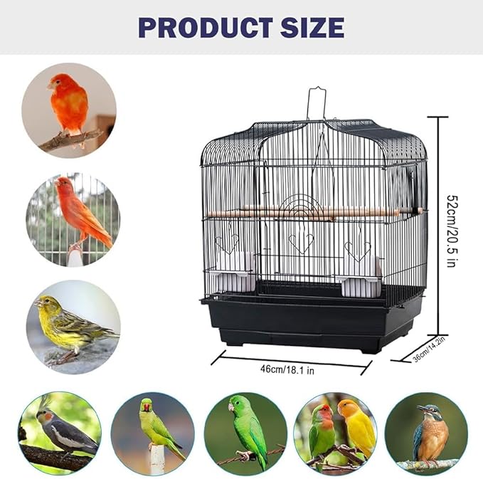 TrailBlaze 20.5Inch Bird Travel Cage with Handle, Metal Bird Carrier with Food Container, Wooden Perch & Pull-Out Tray, Portable Birdcage for Small Parrots Lovebirds Canaries Cockatiels Conures